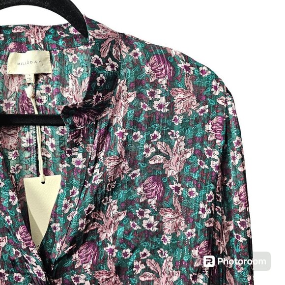 Melloday Long Sleeve Semi Sheer Floral Purple And Green Button Up Blouse - Picture 3 of 9
